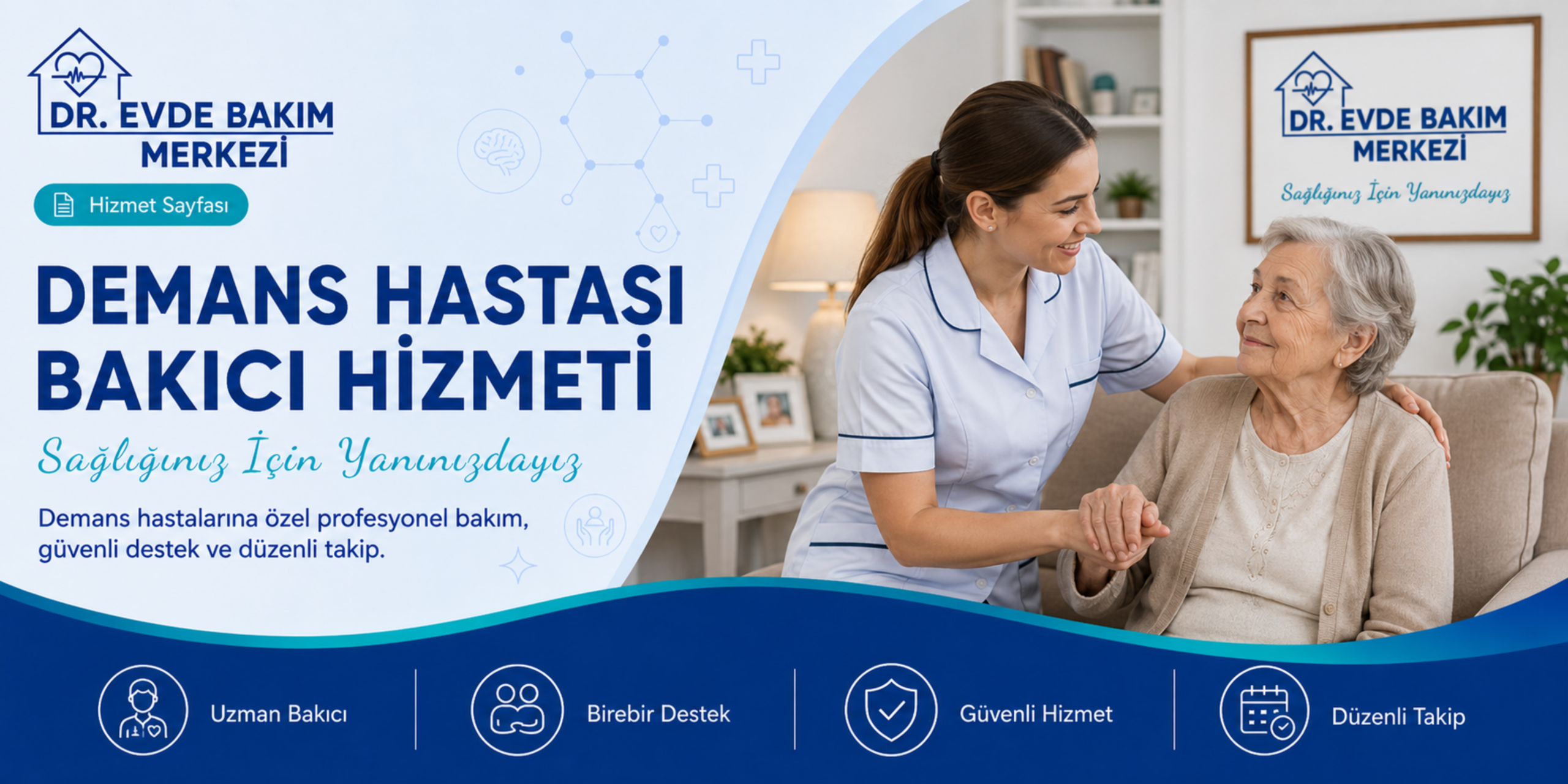Demans hastası bakıcı hizmeti kapsamında ev ortamında yaşlı hastaya destek olan uzman bakıcı görseli