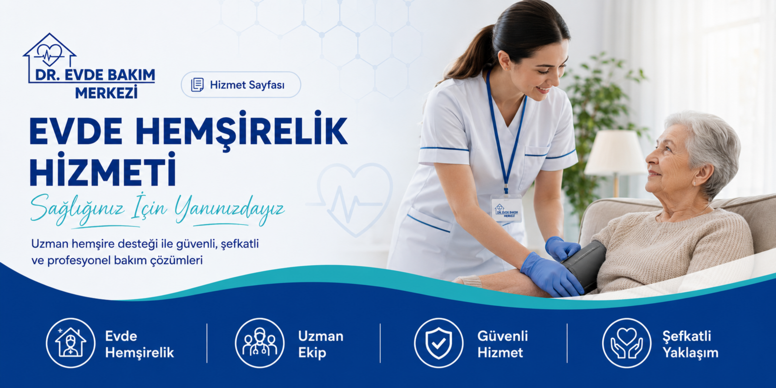 Evde hemşirelik hizmeti kapsamında hastaya profesyonel sağlık desteği veren hemşire görseli
