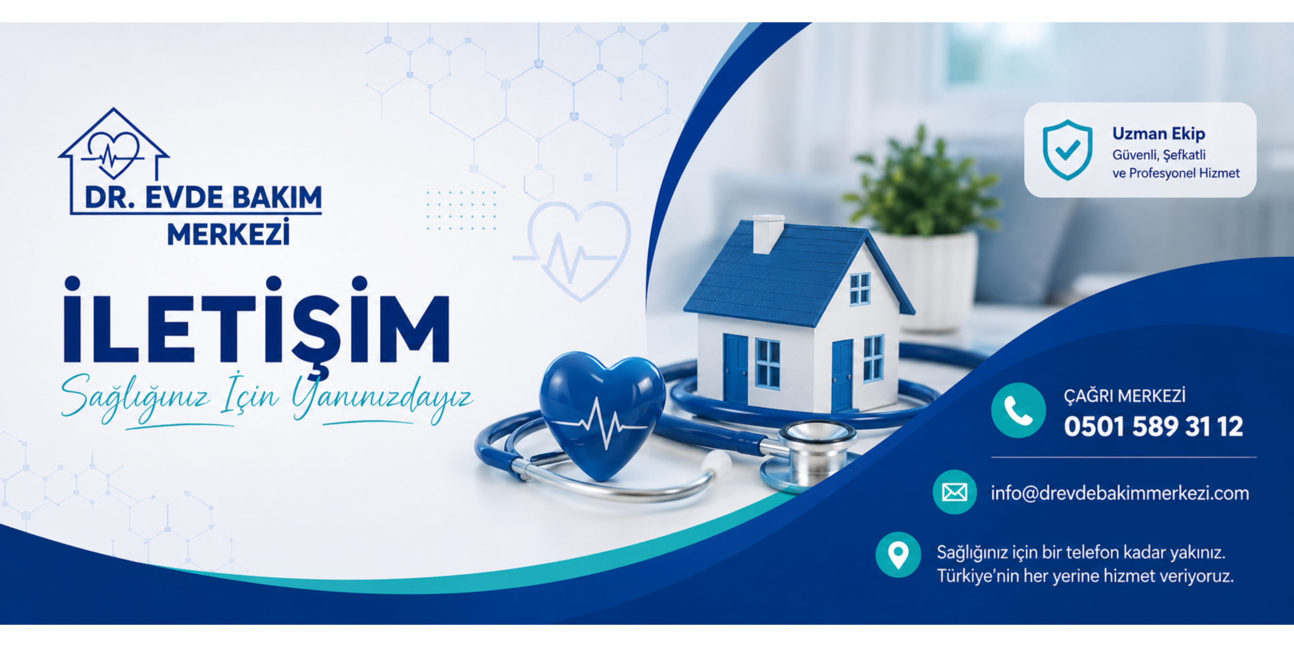 Dr. Evde Bakım Merkezi iletişim banner görseli, çağrı merkezi ve evde sağlık hizmetleri iletişim bilgileri