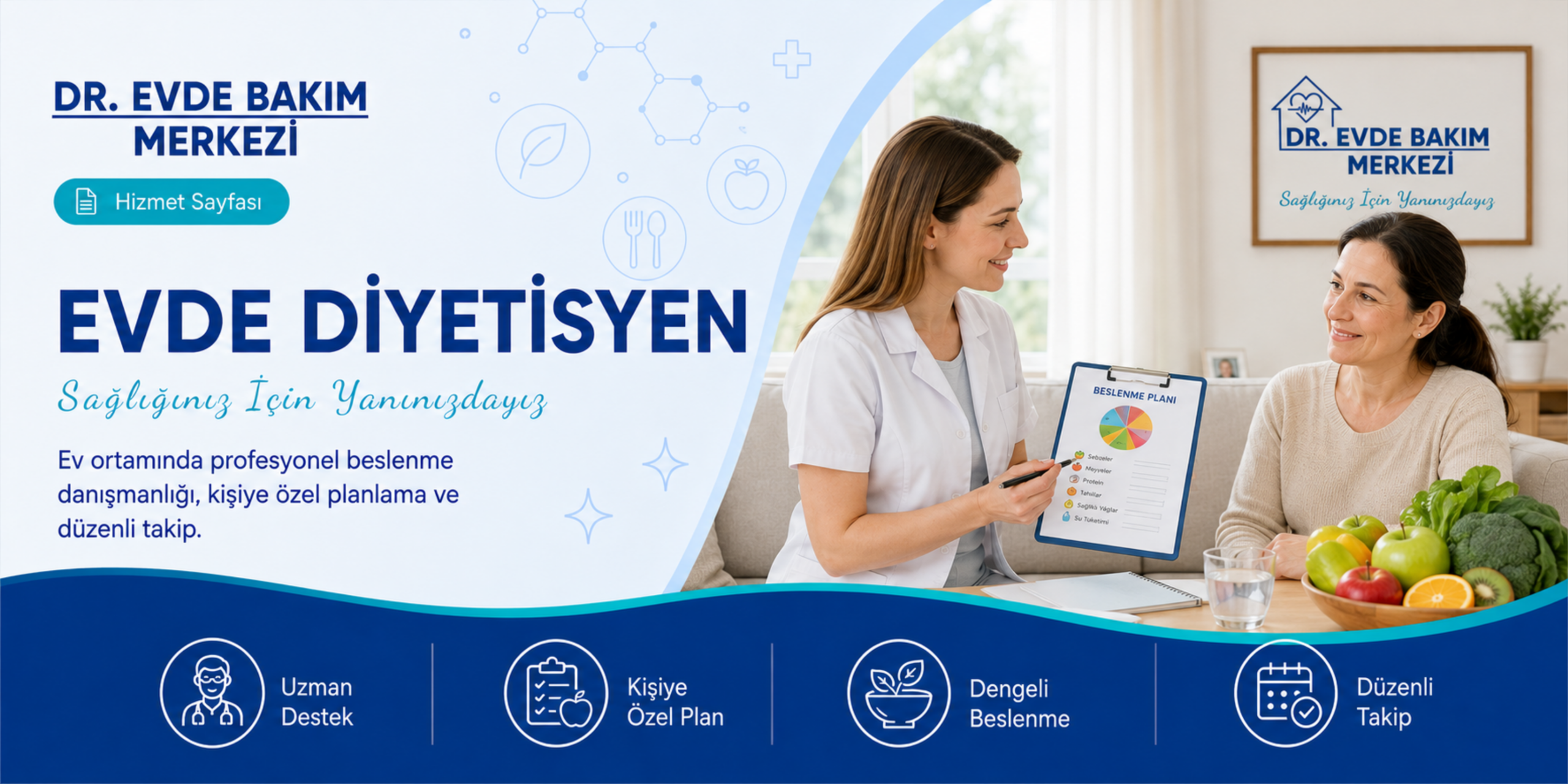 Evde diyetisyen hizmeti kapsamında beslenme planı hazırlayan uzman diyetisyen görseli