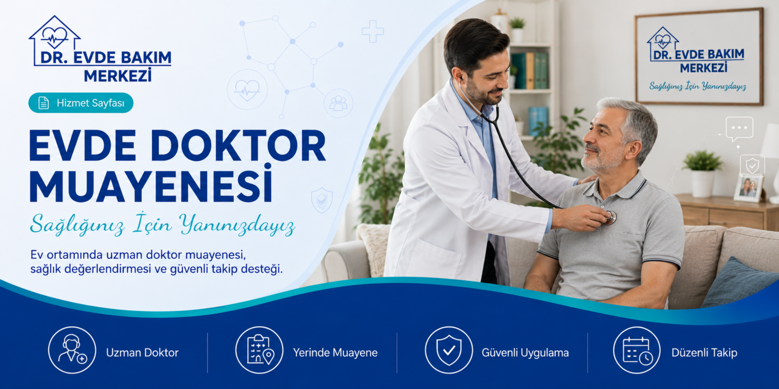 Evde doktor muayenesi hizmeti kapsamında ev ortamında hastayı muayene eden uzman doktor görseli