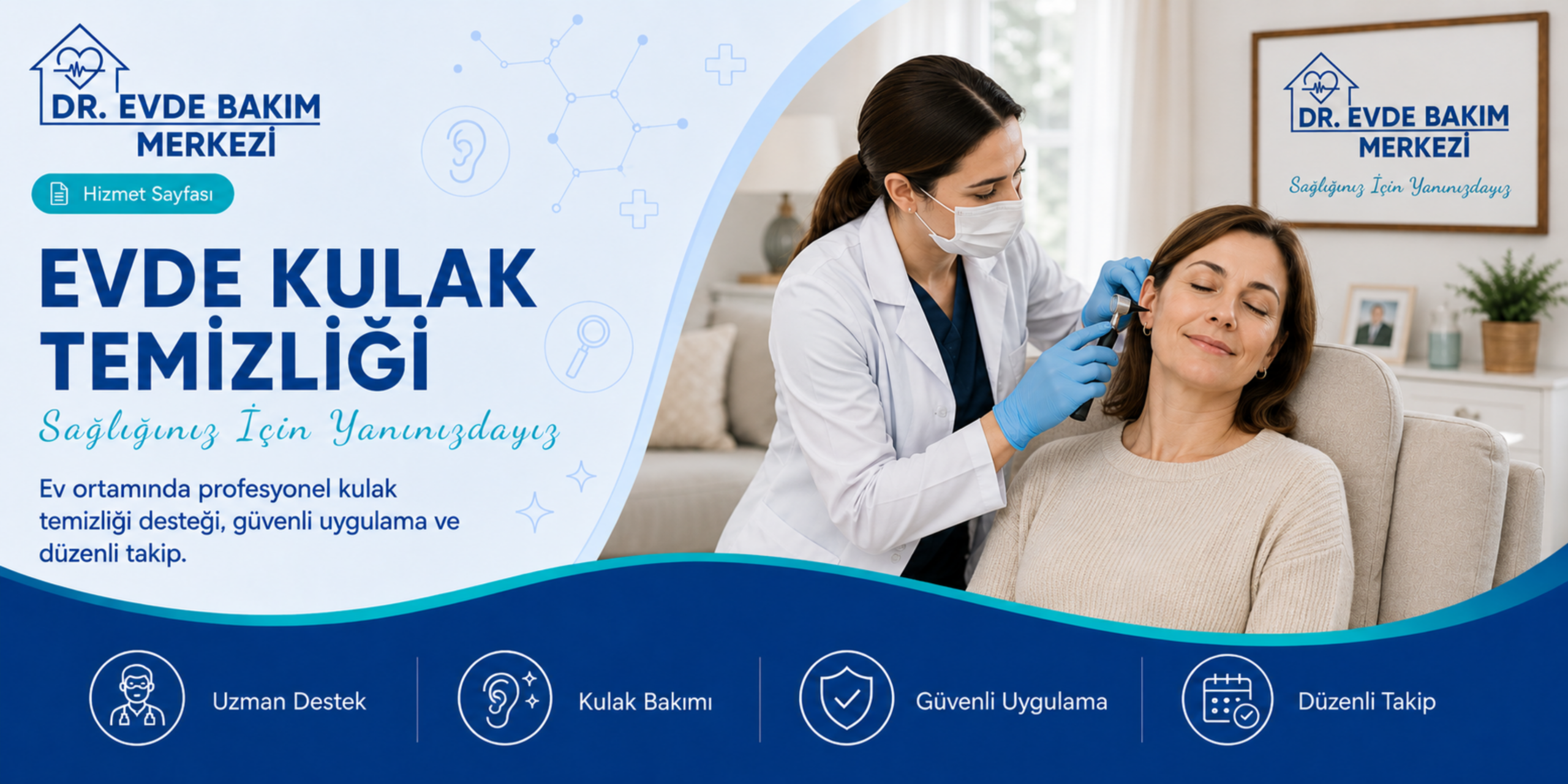 Evde kulak temizliği hizmeti kapsamında ev ortamında kulak muayenesi yapılan hasta görseli
