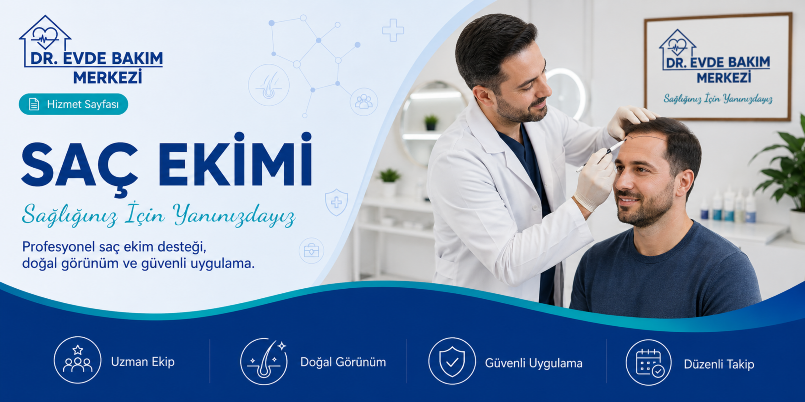 Saç ekimi hizmeti kapsamında klinik ortamında saç çizgisi kontrolü yapılan erkek hasta görseli
